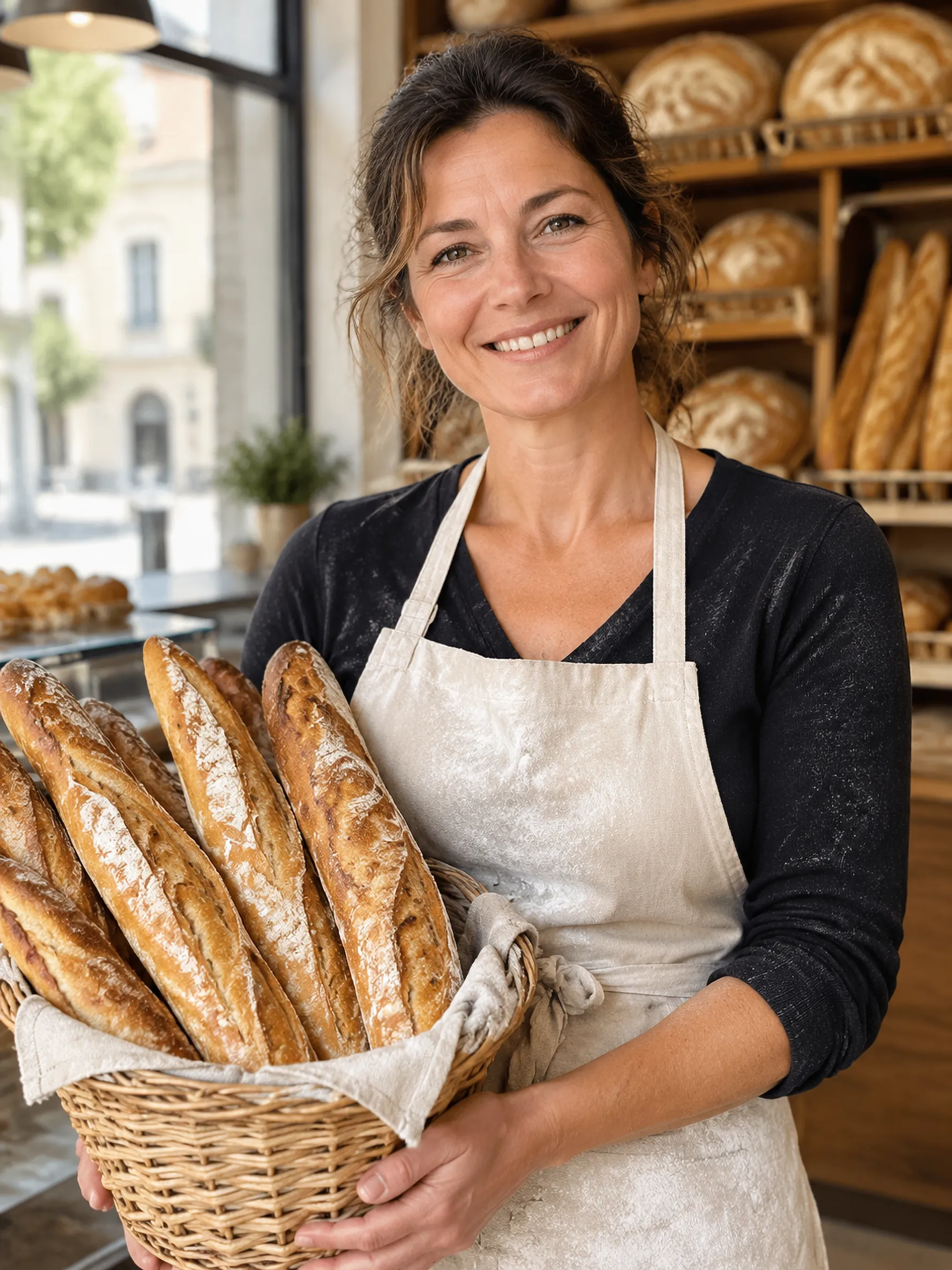 Une boulangère souriante avec un panier de baguettes