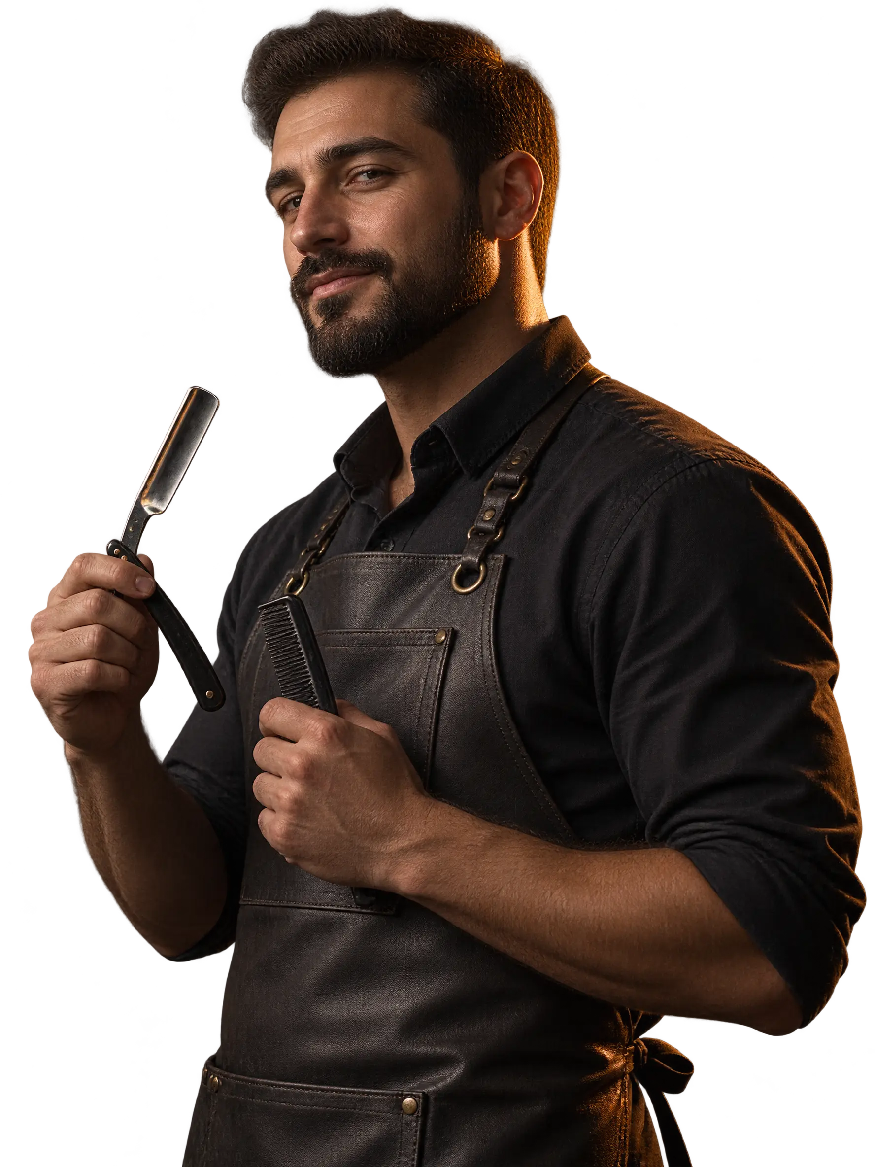 Un barbier tient un rasoir et un peigne