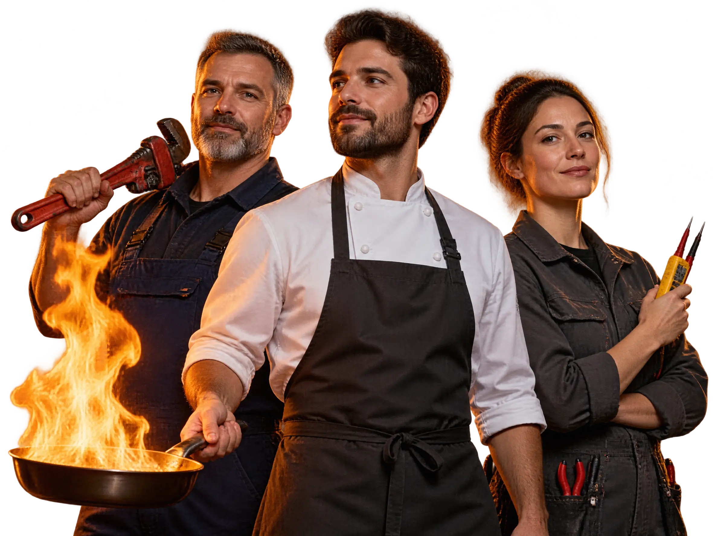 Un plombier, un chef qui fait flamber une poêle et une électricienne, côte à côte